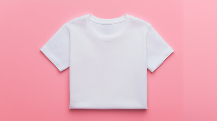 Simple white t-shirt laid flat on a pastel pink background, showcasing textile quality and design for clothing displays and fashion purposes.