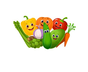 Colorful Vegetable Friends: A Group of Cartoon Vegetables with Smiling Faces and Green Stems