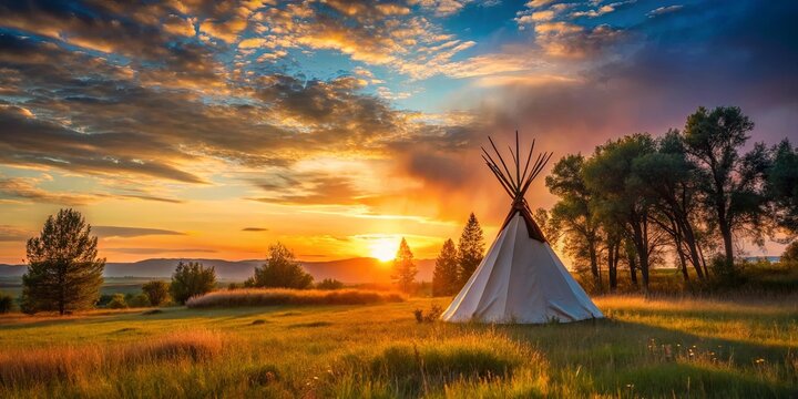 Scenic view of teepee in field at sunset with trees in foreground
