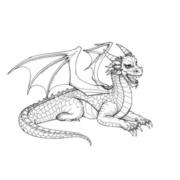 recommend clip art: Dragon-like creature with wings and spikes, sitting on ground, black and white line art