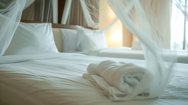 luxury hotel bed with focus on surrounding mosquito net