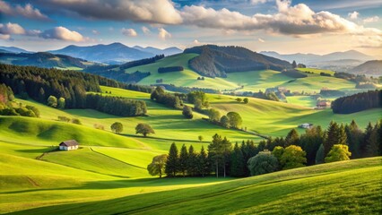 Obraz premium Rolling hills and meadows in the Eifellandschaft bei Arzfeld , Eifel, landscape, Arzfeld, Germany, rural, countryside, grass