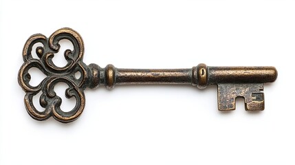 Ornate Antique Brass Key Isolated on White Background
