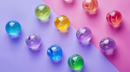 marbles for children to play with multicolored glass balls isolated on purple and pink background