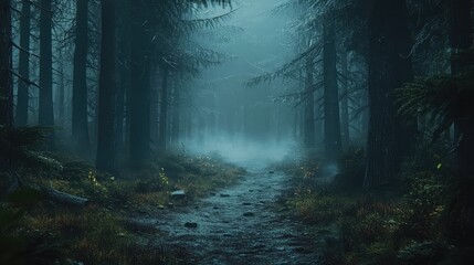 A haunted forest path with mist rising from the ground, surrounded by tall, dark trees,