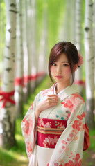 Fototapeta premium 白樺の森に立つ着物の女性