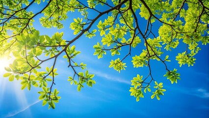 Obraz premium A close-up of a tree branch with green leaves against a vivid blue sky background