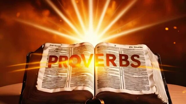 An open book with the word 'Proverbs' highlighted in a bright glow with a blurry background of light rays.