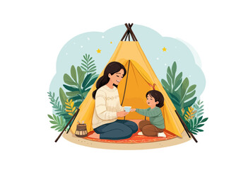 Mother and child bonding under a tent
