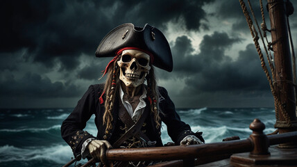 Fototapeta premium A skeleton pirate with an eye patch stands at the helm of a ghostly pirate ship, steering through dark, stormy seas. The pirate’s bony fingers grip the weathered wheel, 