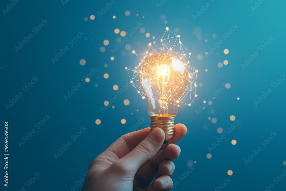 Aufkleber A hand holds a glowing lightbulb with a network of lines and dots emanating from it against a blue background.