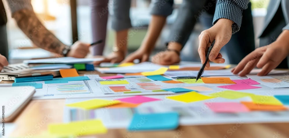 Poster business team brainstorming on a project with sticky notes and pens.