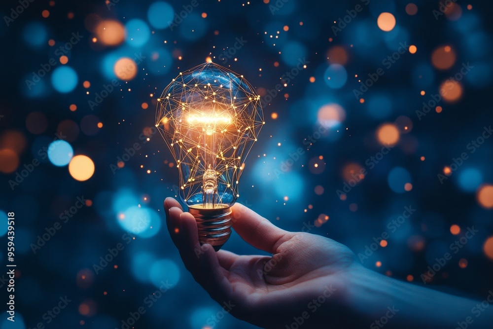 Poster A hand holds a glowing lightbulb with a network of lines and dots forming inside, on a blue background with bokeh lights.