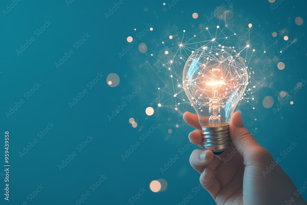 Aufkleber A hand holds a glowing lightbulb with a network of connected lines and dots around it, representing ideas, innovation, and connection.