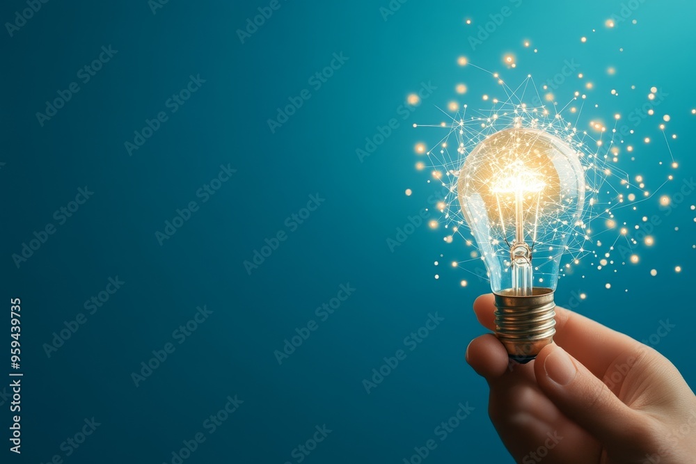 Poster a hand holds a glowing lightbulb with a network of connected points surrounding it, against a teal b