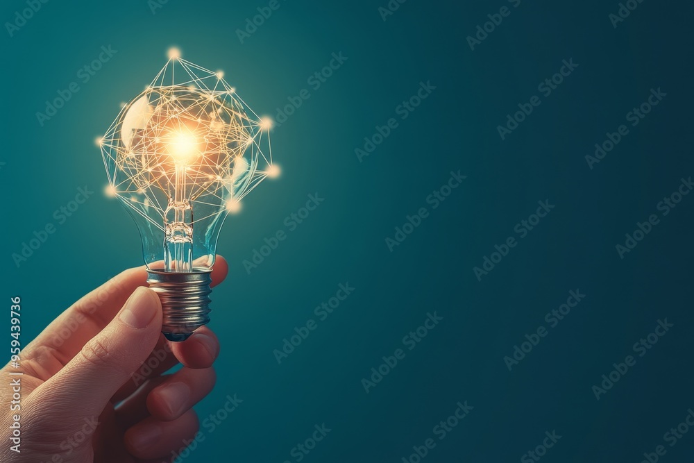 Poster A hand holds a glowing light bulb with a network of interconnected lines surrounding it, representing the idea of innovation and connection.