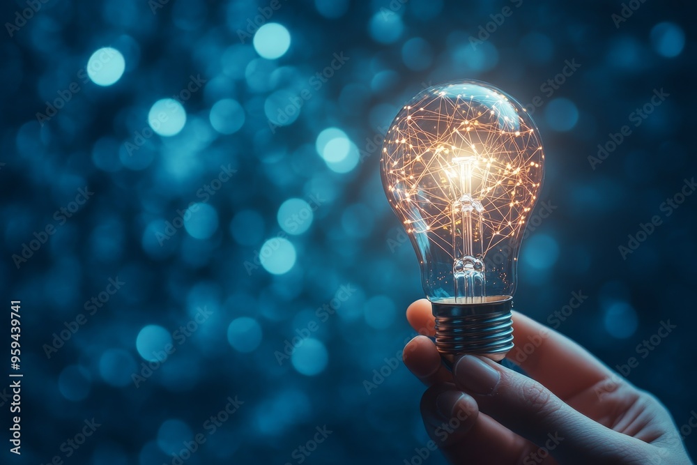 Poster a hand holding a glowing light bulb with a network of lines inside, against a blue bokeh background.