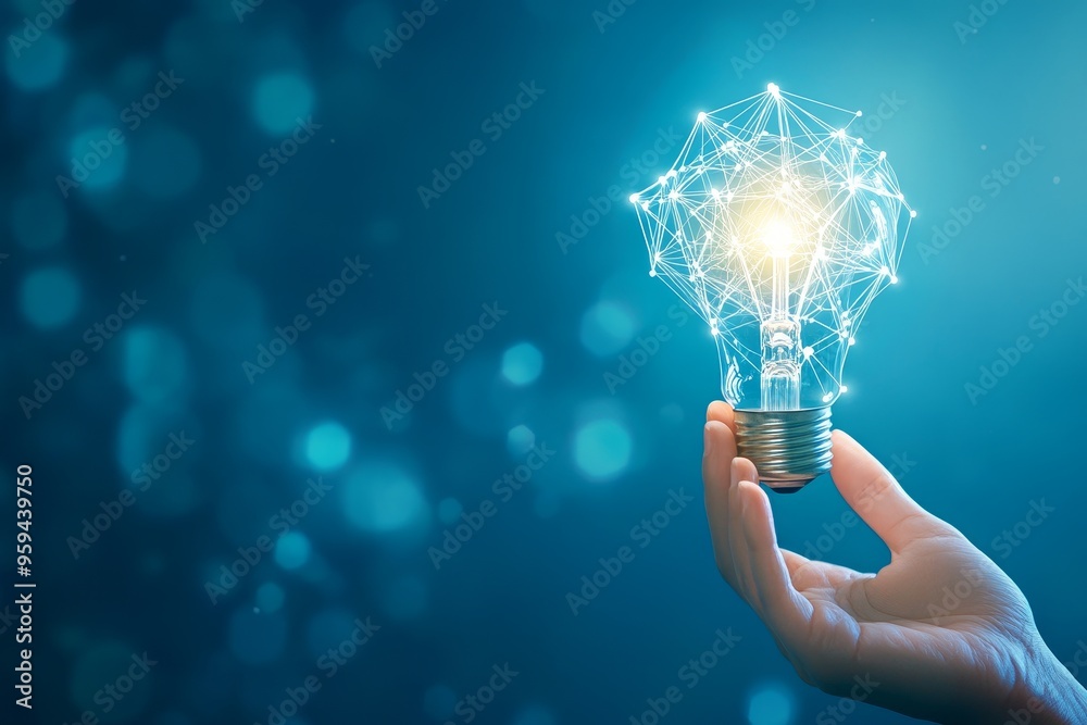 Poster a hand holds a light bulb with a glowing network of connections, symbolizing innovation and connecti