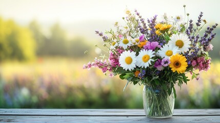 Fototapeta premium A bouquet of colorful wildflowers, including daisies, sunflowers, and lavender, sits beautifully arranged in a rustic vase under bright sunlight. Generative AI