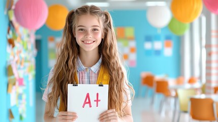 A student in a school uniform proudly holding their report card with an A grade