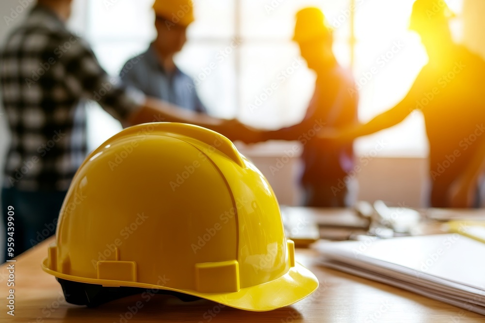Poster A yellow hard hat rests on a table in the foreground, while a group of construction workers in the background shake hands.