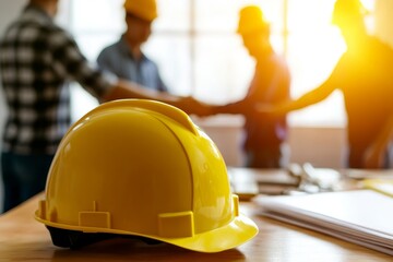 A yellow hard hat rests on a table in the foreground, while a group of construction workers in the background shake hands.