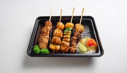 Yakitori in bento box with white background isolated
