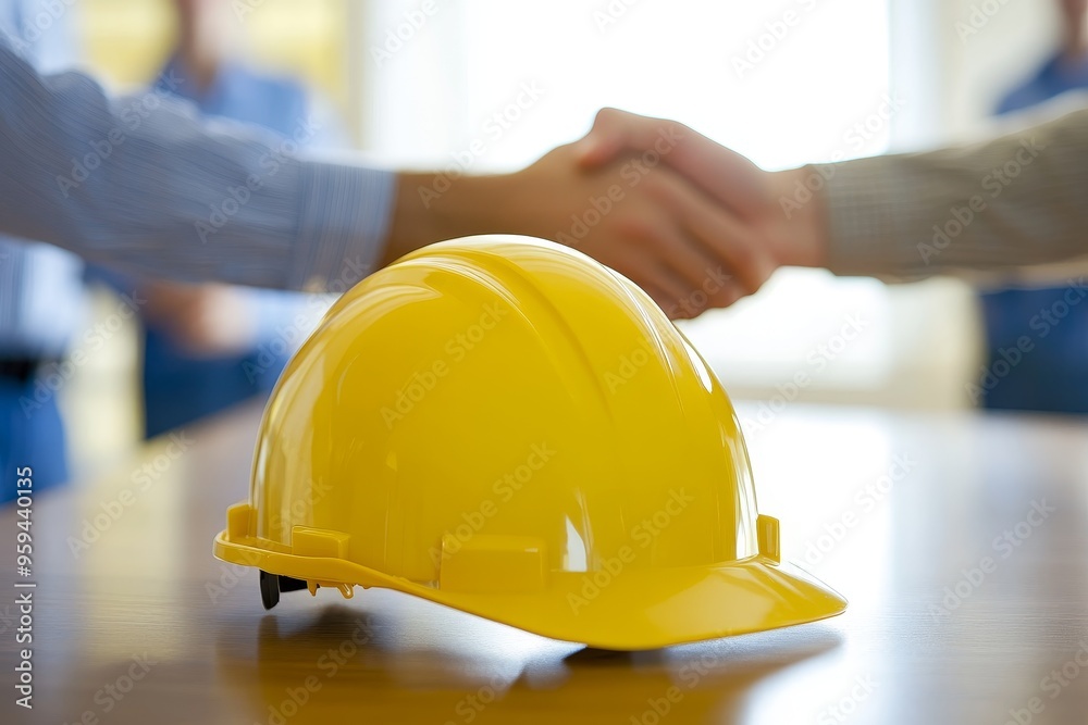 Poster a yellow hard hat sits on a table in the foreground, while two people shake hands in the background.