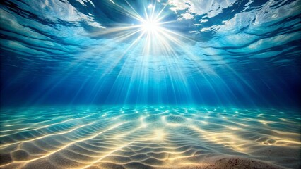 Underwater scene with sunlight rays shining on sandy ocean floor