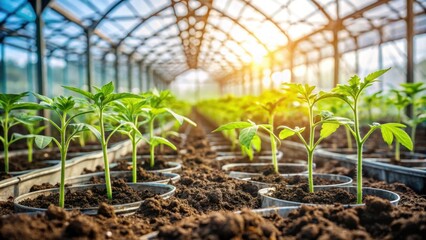 Tomato seedlings planted in a greenhouse in spring , tomatoes, seedlings, greenhouse, planting, agriculture, growth