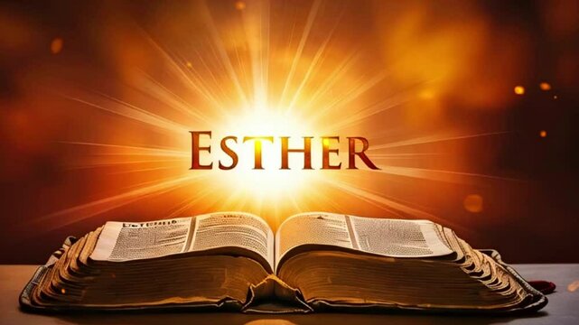 Open book with the word ESTHER in bright light against a golden background.