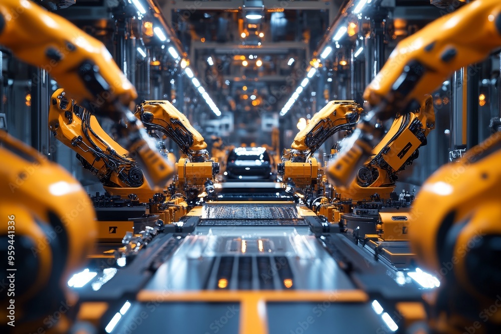 Poster A robotic assembly line in a modern factory with multiple robotic arms working together to manufacture products.