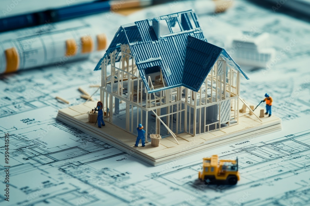 Poster miniature house model with construction workers and blueprints, representing the process of building