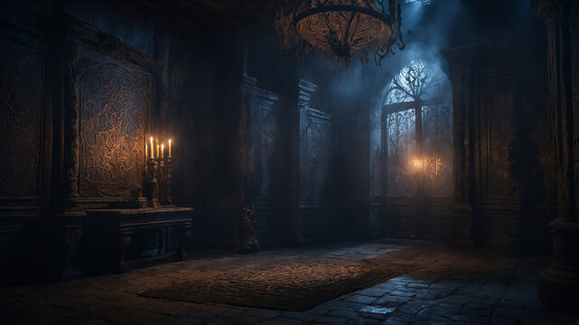 old interior with dark gothic castle, old castle with a wooden lamp