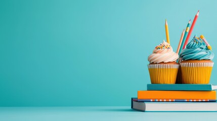 Cupcakes with a back-to-school motif and pencil and book embellishments