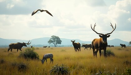 Naklejka premium herd of wildebeest in serengeti