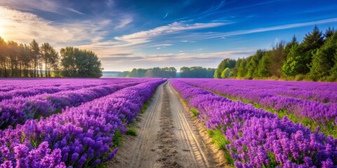 Fototapeta premium Beautiful purple flower field with a dirt path leading to trees in the distance