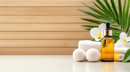 A serene image of a traditional Thai spa setting, with herbal compress balls, aromatic oils, and a soft background of natural wood,