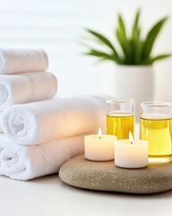 A serene spa setting with soft candles illuminating a stone massage bed, surrounded by fresh towels...