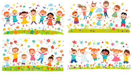 Cartoon of a boy and his friends enjoying a festive celebration in a cheerful holiday atmosphere on a white background.