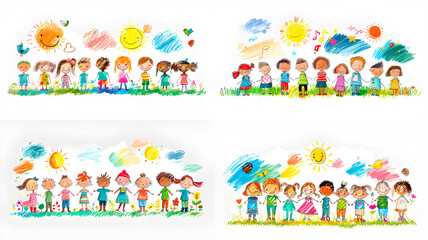 Fun cartoon style colorful greeting card with happy family celebrating with balloons and decorations on white background.