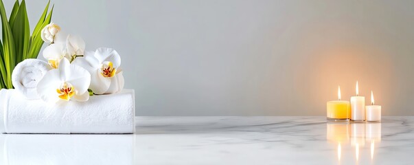 An elegant arrangement of fresh white towels, orchids, and scented candles on a marble surface, creating a luxurious spa environment,