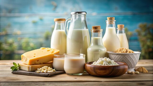 Bottle of cow's milk surrounded by various dairy products for World Milk Day , cow's milk, dairy products, bottle - Powered by Adobe