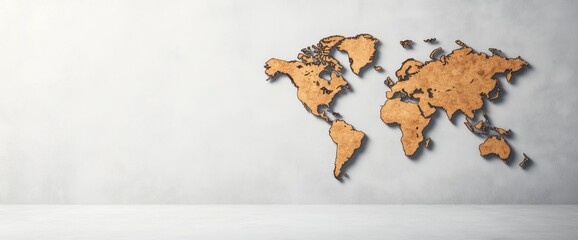A wooden world map is on a white wall