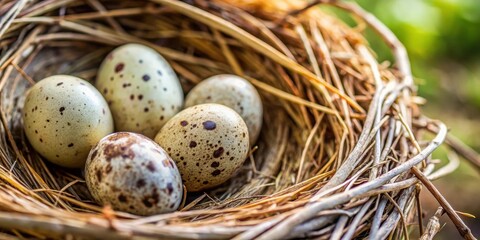 Obraz premium Close up of a bird nest filled with speckled eggs , nature, wildlife, bird's nest, close up, eggs, speckled, new life, spring