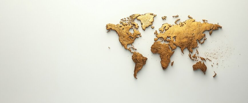 A gold colored map of the world is shown on a white background