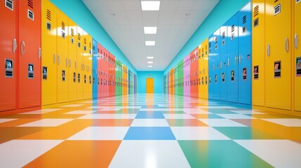 Vibrant banners welcoming students back to school dangle in a corridor lining student lockers.