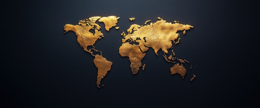 Fototapeta A gold colored world map with a black background