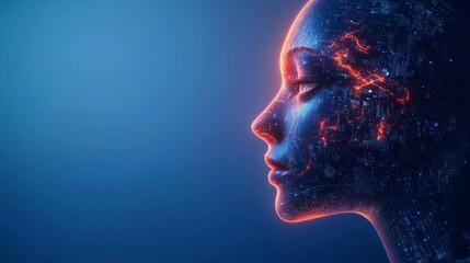 Abstract face composed of digital fragments and light, use in line, human-AI integration, digital identity, ethereal blues and purples