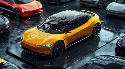 Sleek Orange Electric Car Display at Futuristic Auto Showroom